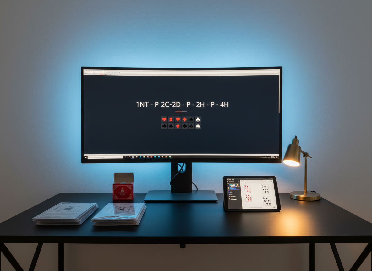 A widescreen photographic image of a modern home office setup tailored for online bridge webinars, intentionally devoid of people. A sleek, ultra-wide monitor displays a full-screen slide of a bidding sequence with clear, large-font notation and colored suit symbols on a dark background. On the matte black desk below, a neatly stacked pair of bridge boards, a deck of cards in a red box, and a slim tablet showing a hand diagram app reinforce the bridge theme. Soft, cool-toned LED light strips behind the monitor cast a subtle blue glow on a neutral wall, while a small desk lamp provides focused warm light on the physical materials. Shot from an eye-level angle with balanced composition and sharp focus, the mood is professional, high-tech, and inviting for serious bridge study.