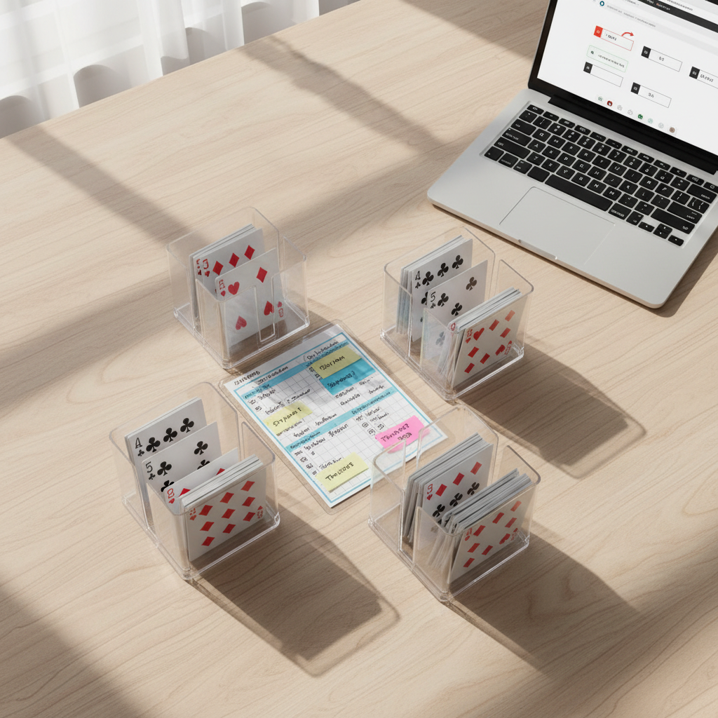 A highly detailed overhead photographic image of a bridge teaching layout on a light wooden table. Four hands of cards are placed face up in a perfect cross, each hand held in a transparent plastic teaching holder so every pip and suit symbol is clearly visible. In the center, a laminated convention card is partially filled in with neat handwriting, and colored sticky notes highlight key agreements such as “Stayman” and “Blackwood.” A slim silver laptop sits open to a paused webinar screen showing only slides with bidding diagrams, no people. Soft, natural window light washes across from the left, producing mild shadows from the card holders and laptop. The mood is organized and studious, with sharp focus across the entire frame, emphasizing step-by-step, topic-specific bridge learning.