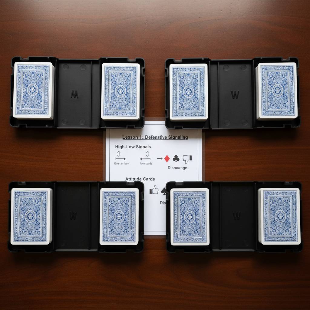 A carefully composed photographic realism image of two duplicate bridge boards placed side by side on a smooth, dark wooden surface. Each board is open to reveal neatly slotted cards, all facing the same direction, with suit distribution clearly visible. Between the boards, a laminated “Lesson 1: Defensive Signaling” cheat sheet shows simple diagrams of high-low signals and attitude cards with arrows and symbols, emphasizing clear explanations. Overhead, diffused studio lighting casts even illumination with soft shadows that accentuate the plastic boards’ slight texture and the wood grain below. Shot from directly above with precise alignment and sharp focus throughout, the scene feels structured, methodical, and designed for hands-on practice in a professional bridge learning environment.
