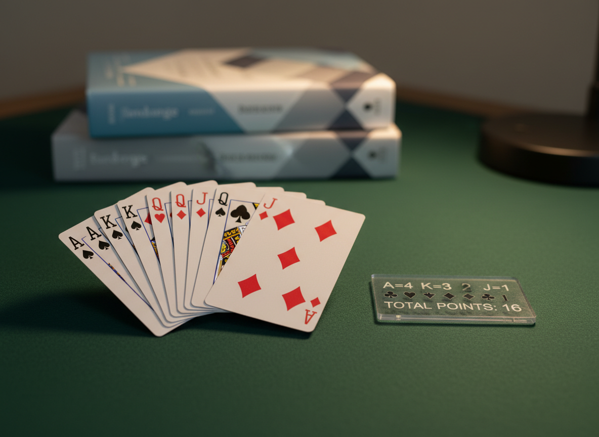 A close-up photographic realism shot of a single bridge hand fanned face up on a deep green felt mat, each card crisp and perfectly aligned, showing a balanced notrump hand with exactly 15–17 high-card points. Beside the hand lies a small, transparent acrylic overlay printed with numerical point values and suit symbols, visually explaining hand evaluation. The background includes a softly blurred stack of bridge books with modern, minimalist covers in muted blues and grays. Warm, diffused desk-lamp lighting from the upper right creates a cozy, concentrated atmosphere with gentle shadows outlining each card edge. Captured at a slight diagonal angle with shallow depth of field, the image feels precise, thoughtful, and analytical, ideal for illustrating the “why” behind hand evaluation in bridge.