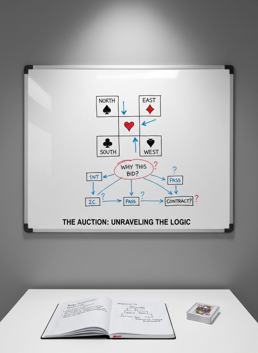 A pristine white dry-erase board mounted on a light gray wall, covered with a neatly drawn bridge diagram in vivid black, blue, and red markers. Each suit symbol is clearly labeled, with North, South, East, and West positions outlined by simple rectangular boxes. Arrows and small question marks illustrate the flow of bidding decisions, emphasizing the “why” behind a specific auction. On a minimalist white table below, an open notebook with clean ruled pages and a single deck of cards in a transparent plastic case are placed with precision. Soft studio lighting illuminates the scene evenly, creating gentle reflections on the board’s glossy surface. Photographic realism, eye-level composition, and a clean, modern aesthetic convey clarity, structure, and methodical bridge instruction.